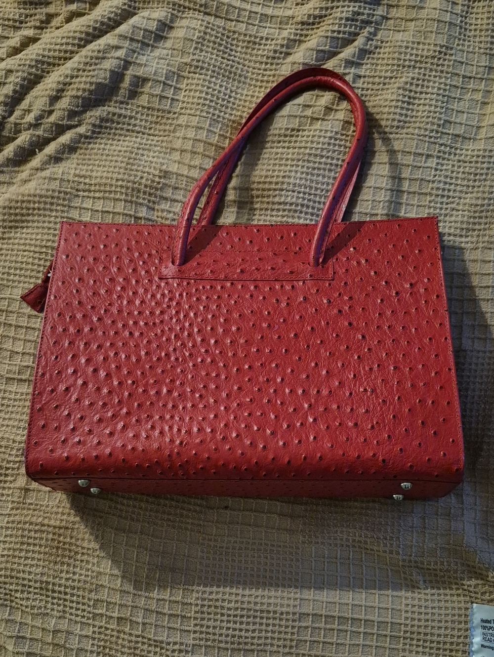 Red Ostrich-Texture Tote Bag-Genuine Leather-Made In Italy